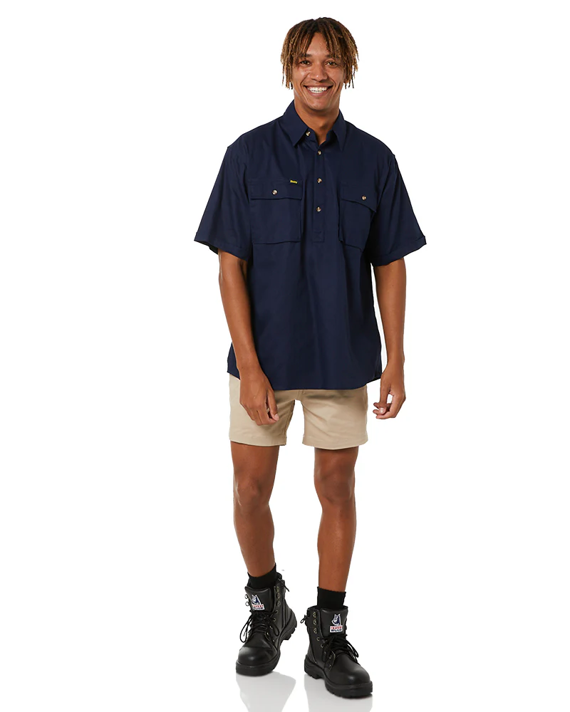 Closed Front Mens Cotton Drill SS Shirt - Navy - Image 2