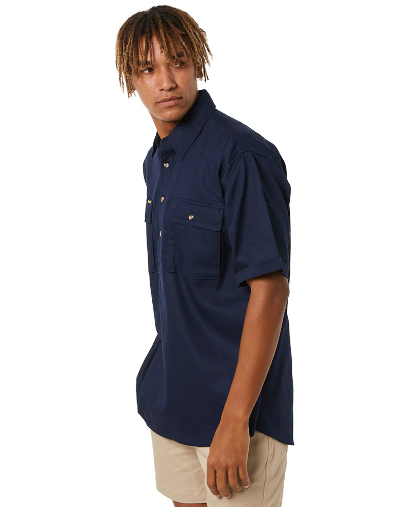 Closed Front Mens Cotton Drill SS Shirt - Navy - Image 3
