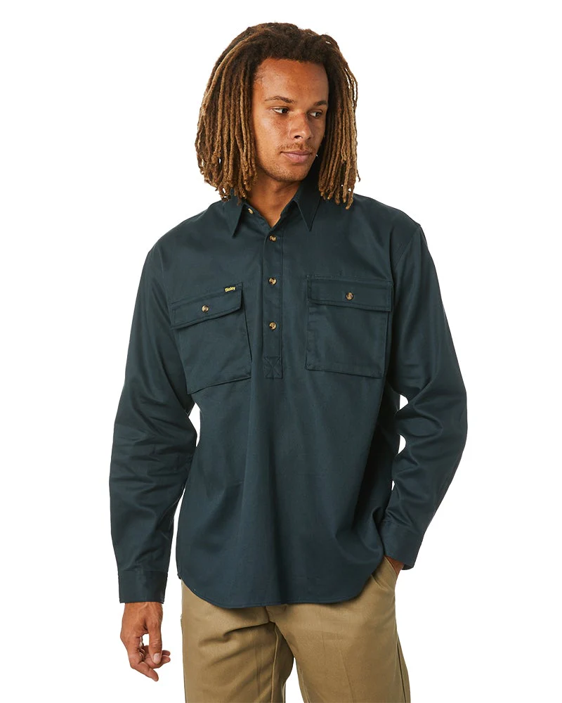 Closed Front Mens Cotton Drill LS Shirt - Bottle Green