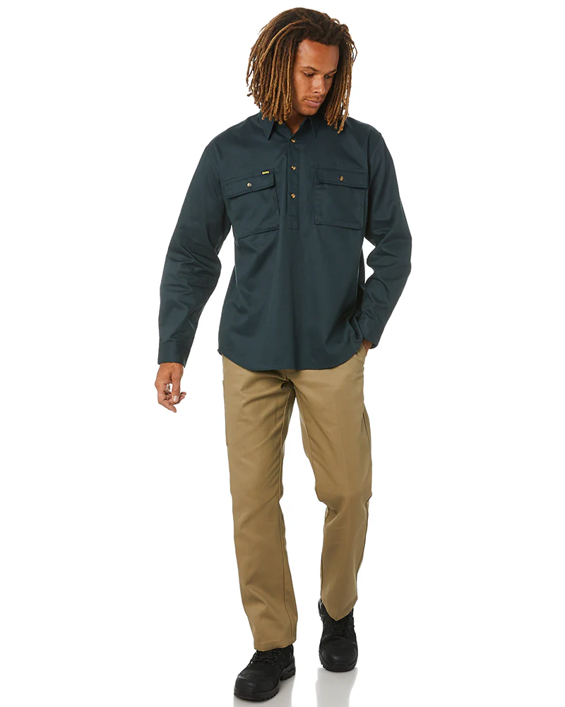 Closed Front Mens Cotton Drill LS Shirt - Bottle Green - Image 2