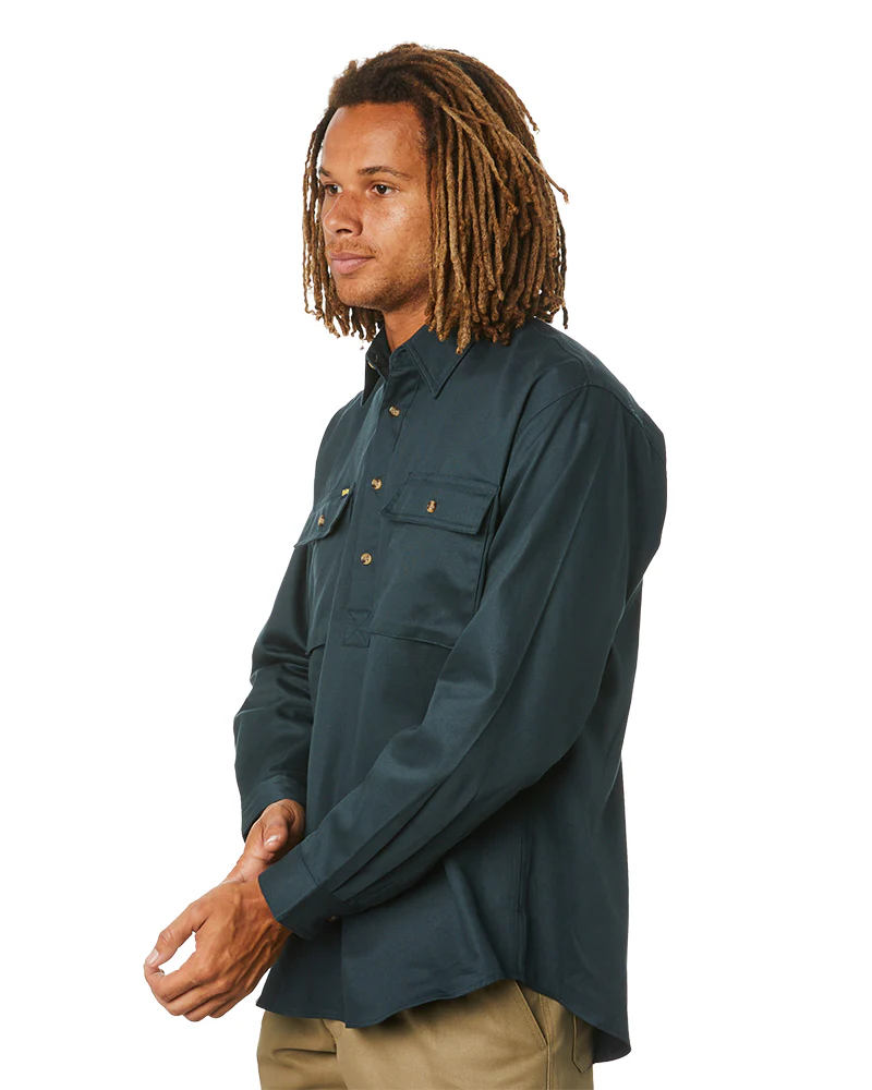 Closed Front Mens Cotton Drill LS Shirt - Bottle Green - Image 3