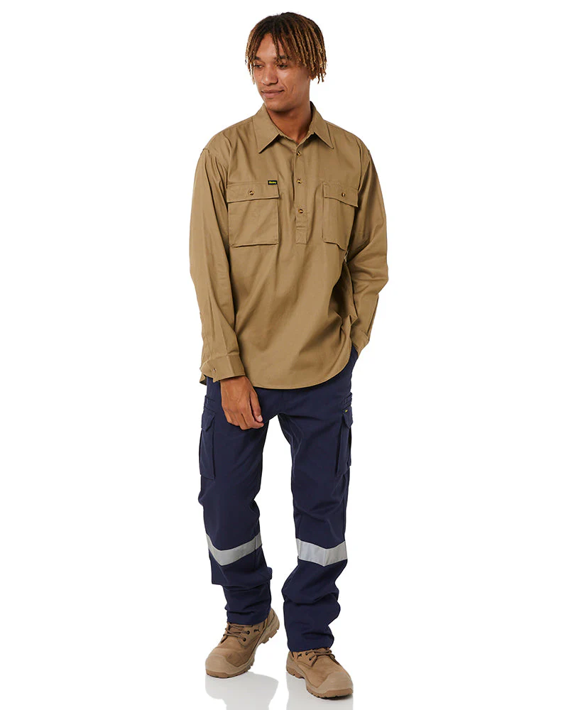 Closed Front Mens Cotton Drill LS Shirt - Khaki - Image 2