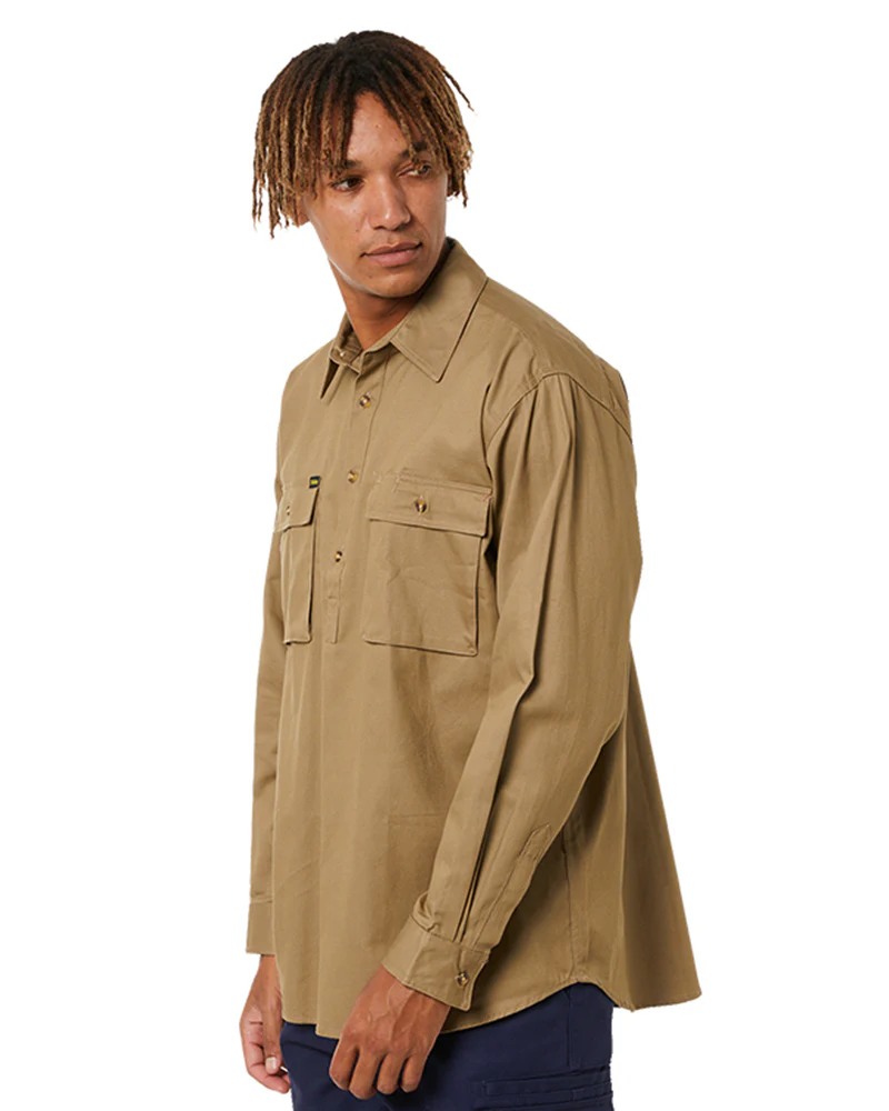Closed Front Mens Cotton Drill LS Shirt - Khaki - Image 3