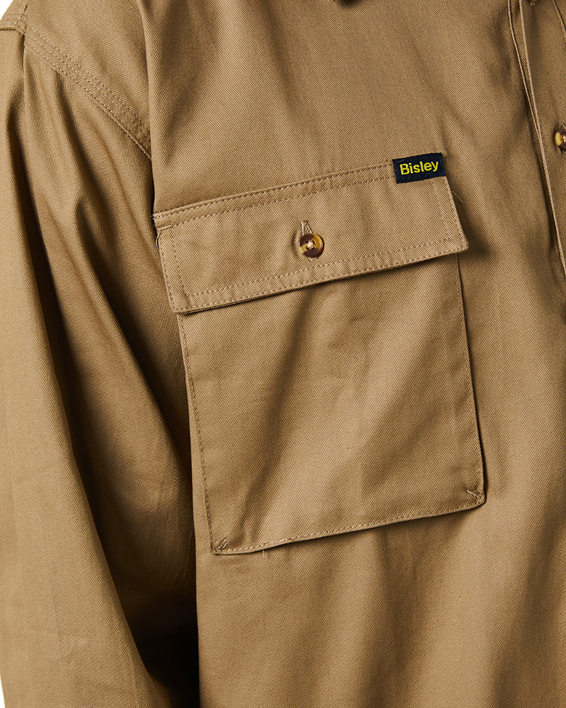 Closed Front Mens Cotton Drill LS Shirt - Khaki - Image 5
