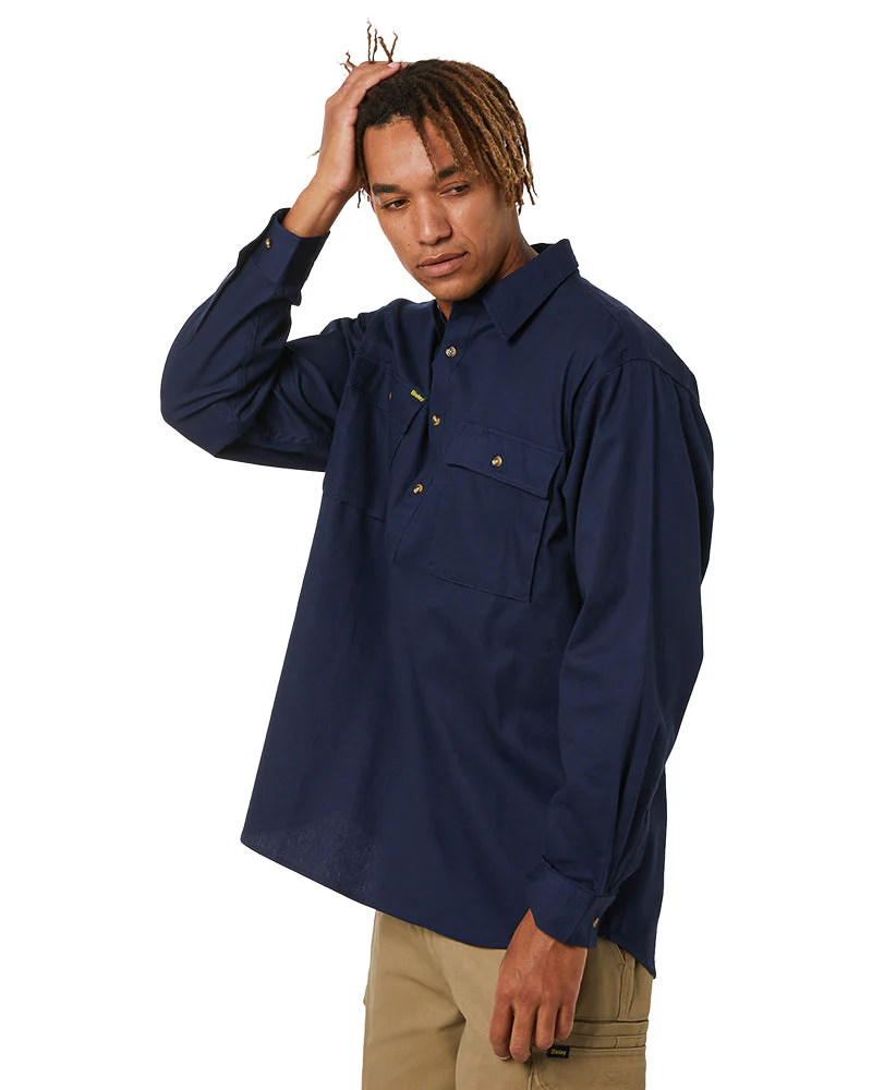 Closed Front Mens Cotton Drill LS Shirt - Navy - Image 3