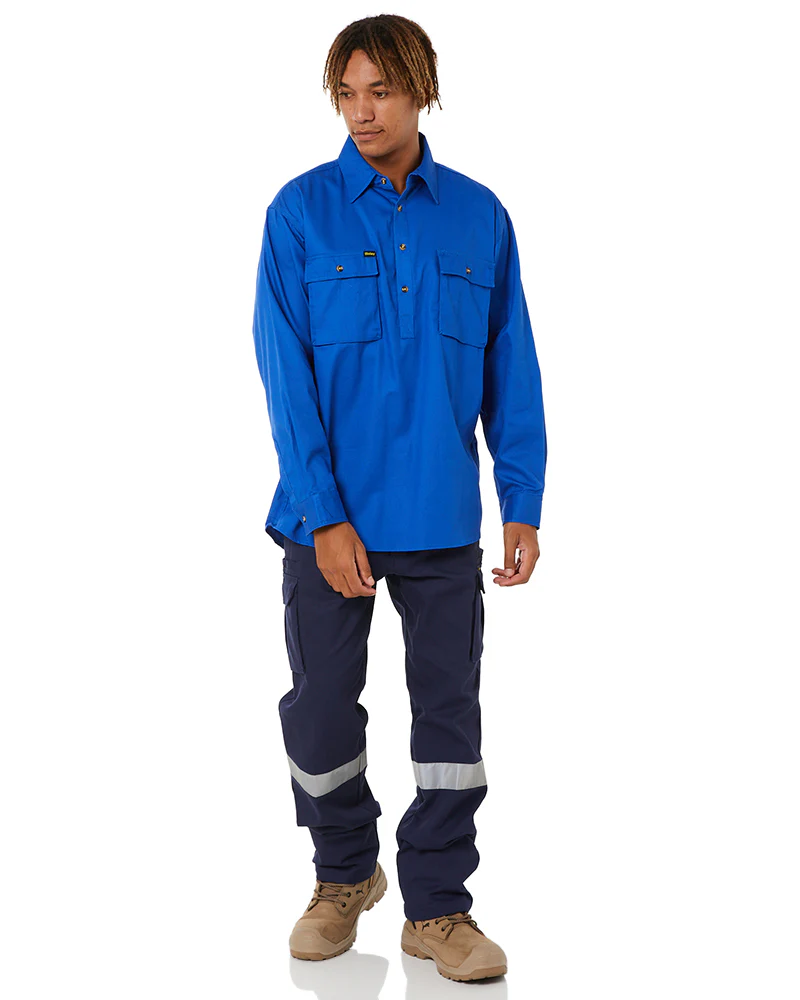 Closed Front Mens Cotton Drill LS Shirt - Royal - Image 2