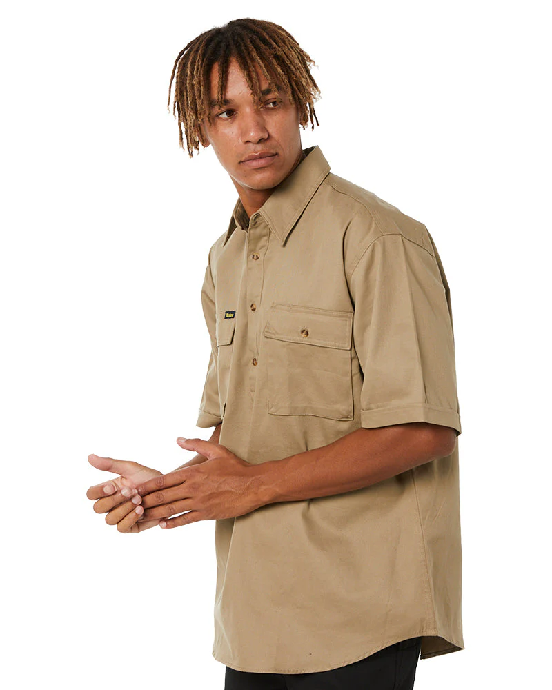 Closed Front Mens Cotton Drill SS Shirt - Khaki - Image 3