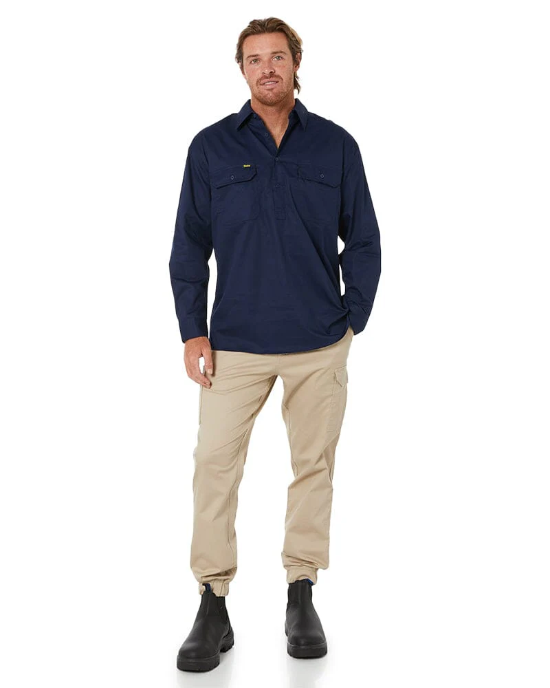 Closed Front Mens Lightweight LS Drill Shirt - Navy - Image 2