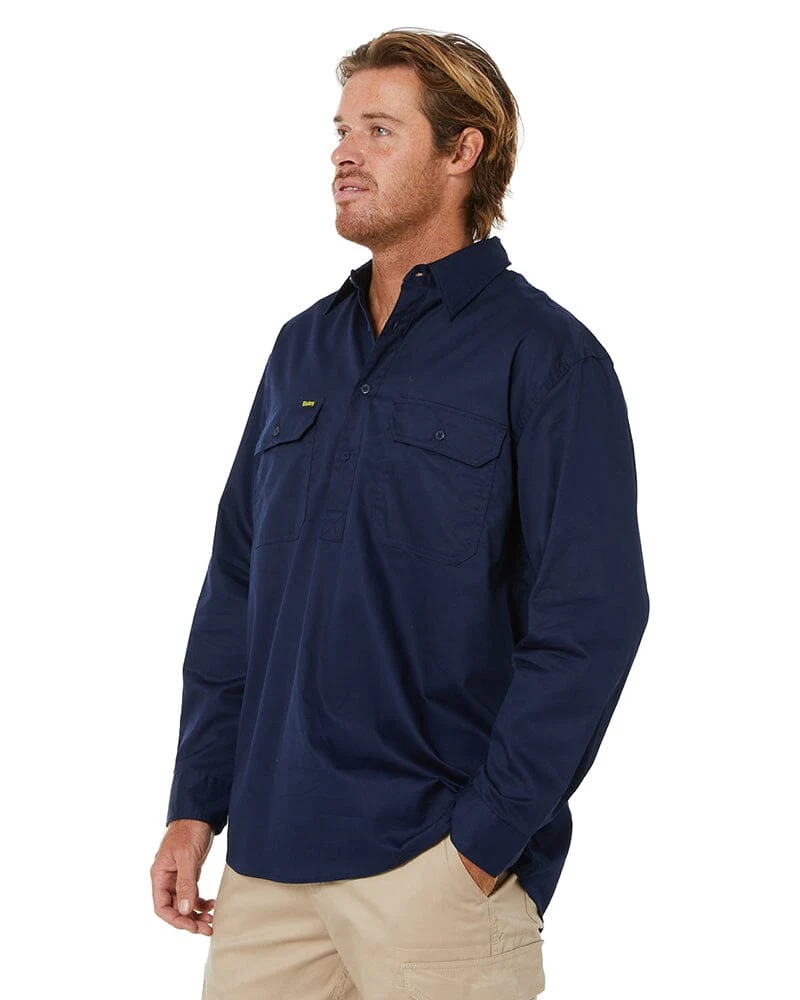 Closed Front Mens Lightweight LS Drill Shirt - Navy - Image 3