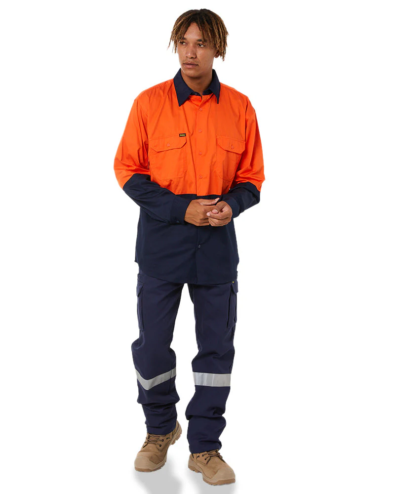 Cool Lightweight Drill Shirt LS - Orange/Navy - Image 2