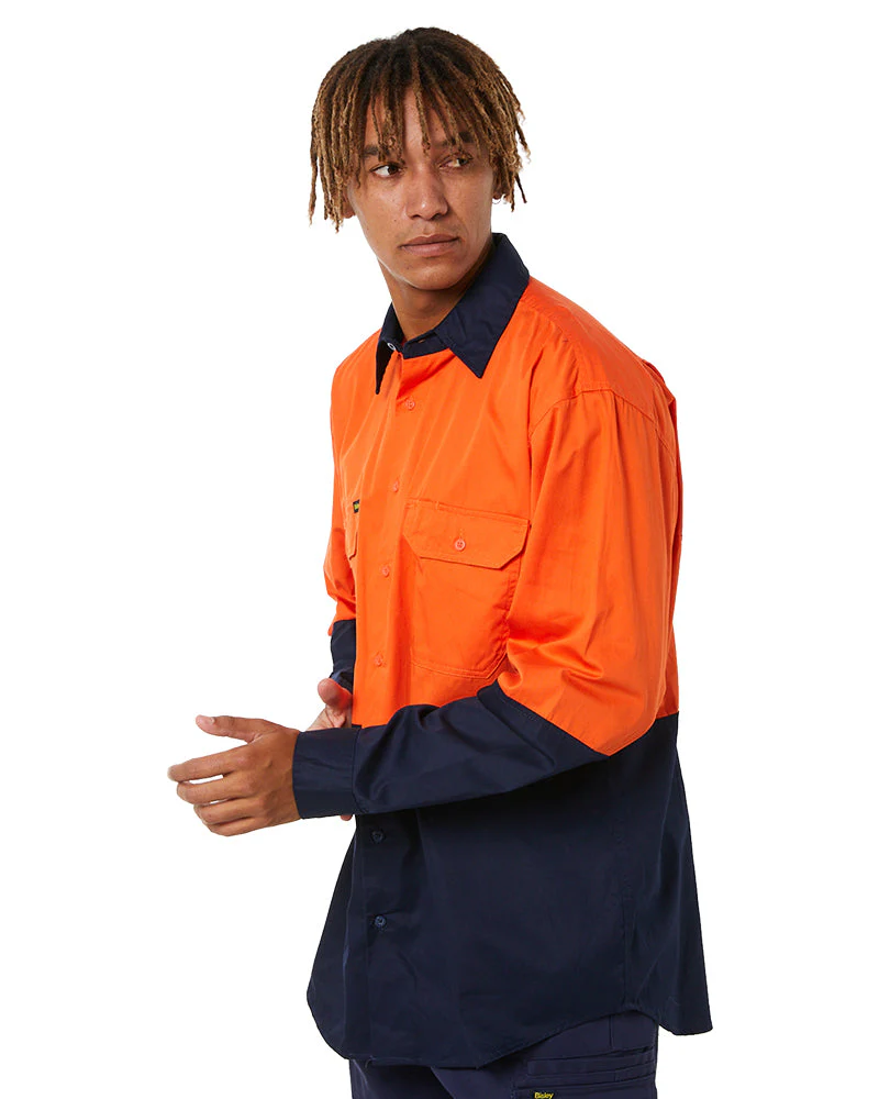 Cool Lightweight Drill Shirt LS - Orange/Navy - Image 3