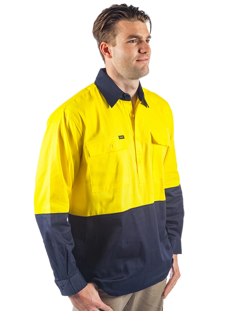 Hi Vis Closed Front LS Shirt - Yellow/Navy - Image 4