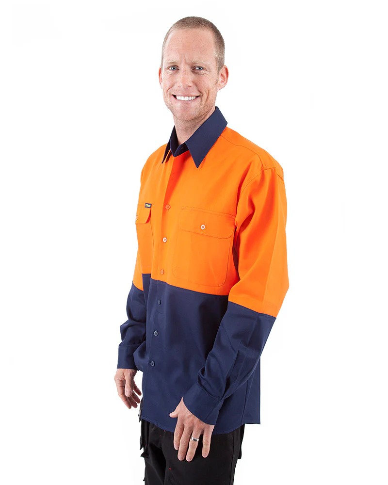 Hi Vis Drill Shirt LS - Orange/Navy - Image 2