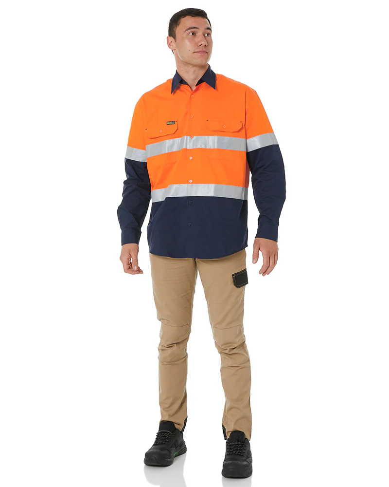 Hi Vis Recycled LS Drill Shirt - Orange/Navy - Image 2