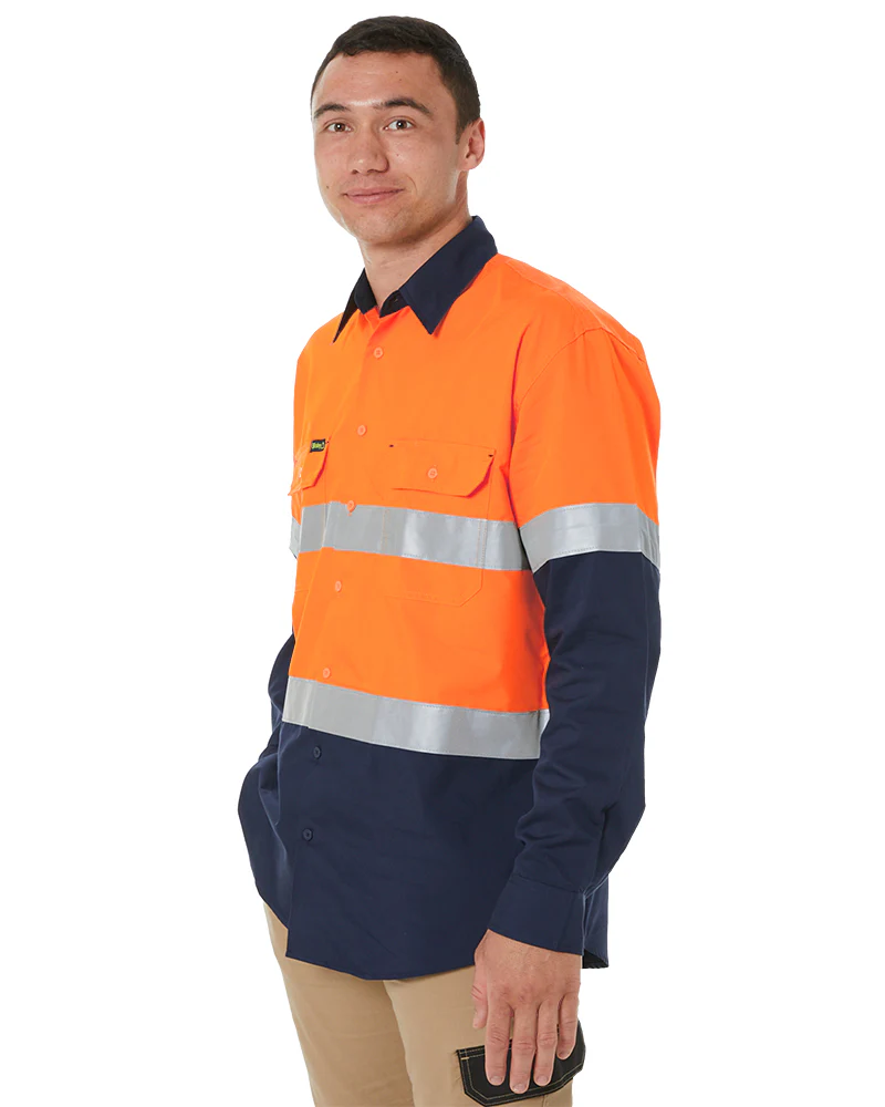 Hi Vis Recycled LS Drill Shirt - Orange/Navy - Image 3