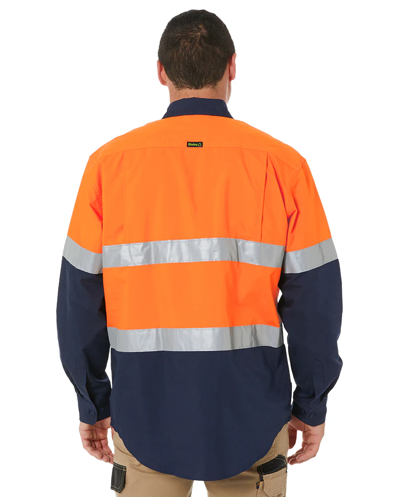 Hi Vis Recycled LS Drill Shirt - Orange/Navy - Image 4