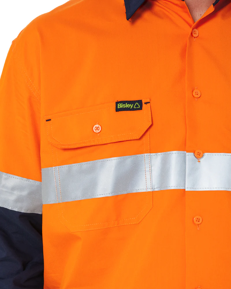 Hi Vis Recycled LS Drill Shirt - Orange/Navy - Image 5
