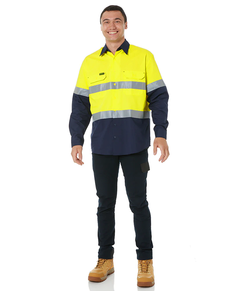Hi Vis Recycled LS Drill Shirt - Yellow/Navy - Image 2