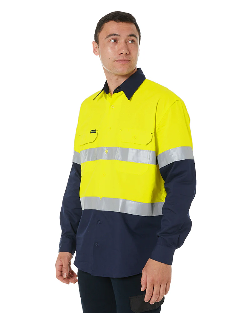 Hi Vis Recycled LS Drill Shirt - Yellow/Navy - Image 3