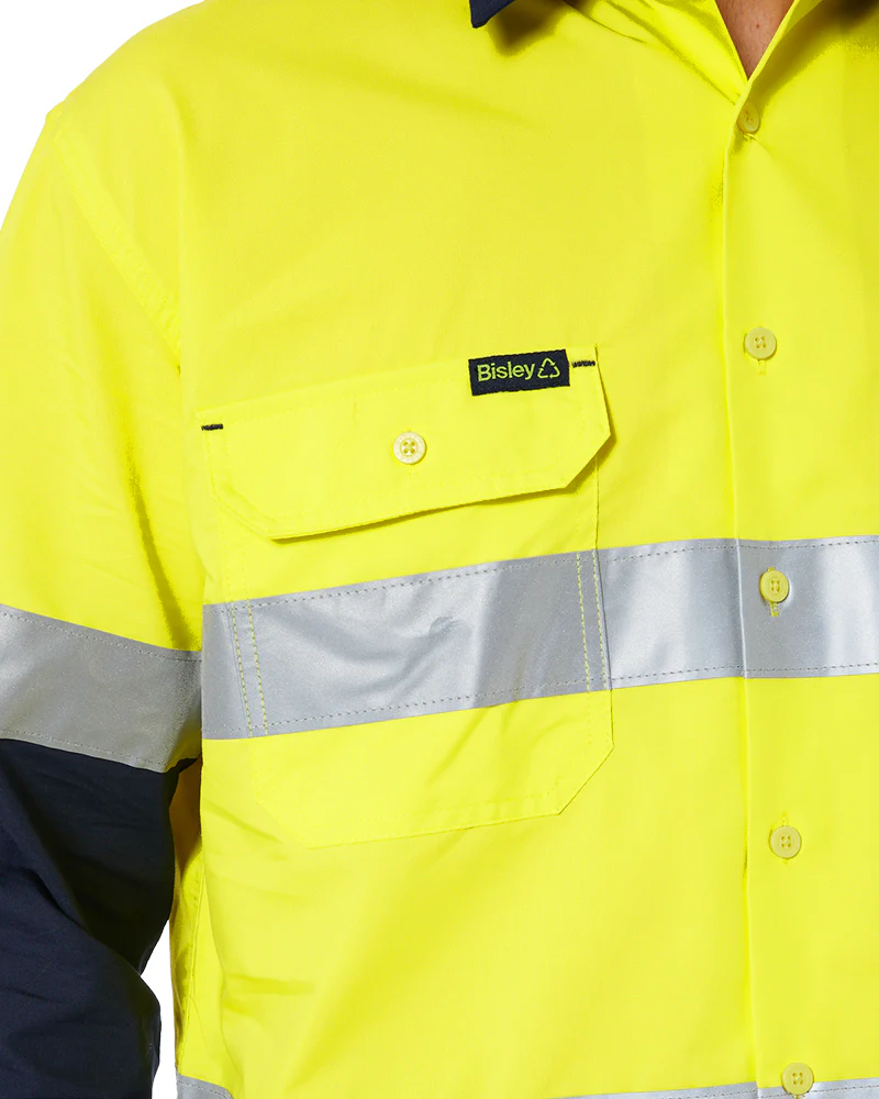 Hi Vis Recycled LS Drill Shirt - Yellow/Navy - Image 5