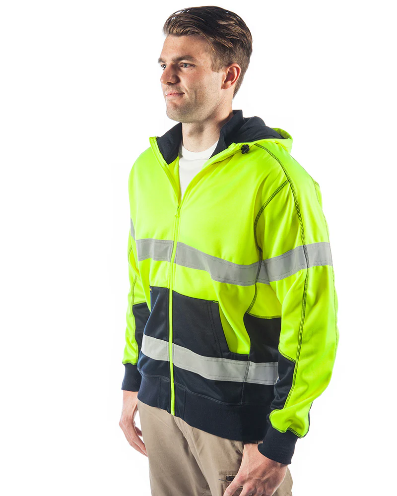 Hi Vis Taped Fleece Hoodie - Yellow/Navy - Image 2