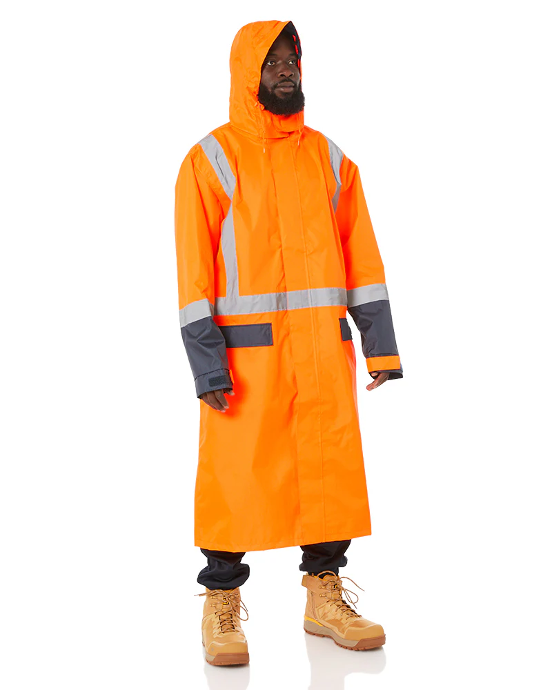 Hi Vis Taped Long Rain Coat - Orange/Navy - Image 2