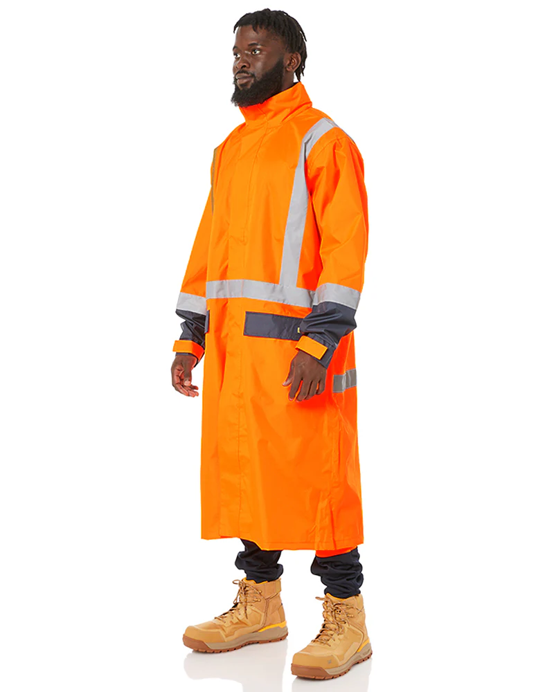 Hi Vis Taped Long Rain Coat - Orange/Navy - Image 3