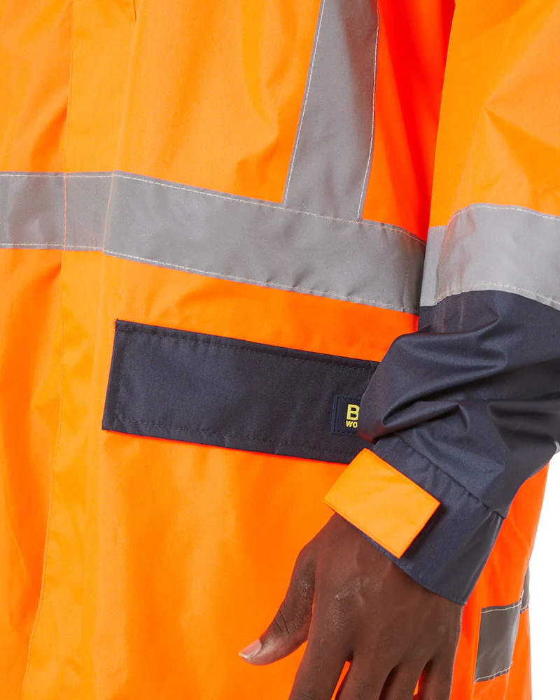 Hi Vis Taped Long Rain Coat - Orange/Navy - Image 6