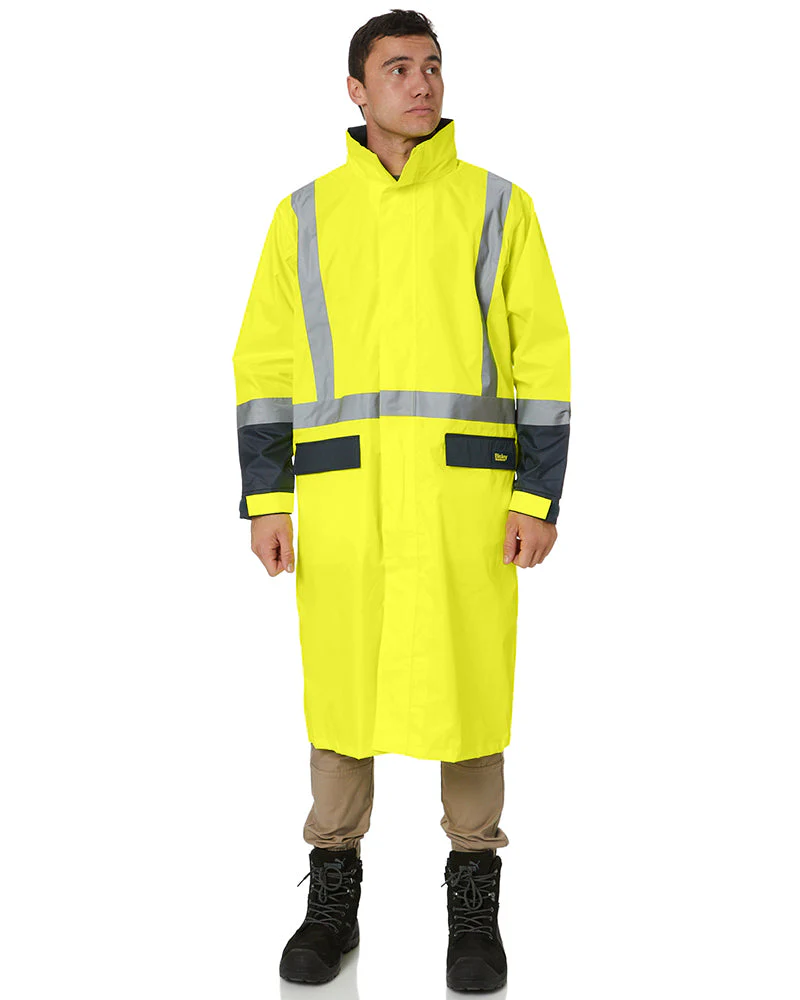 Hi Vis Taped Long Rain Coat - Yellow/Navy - Image 2