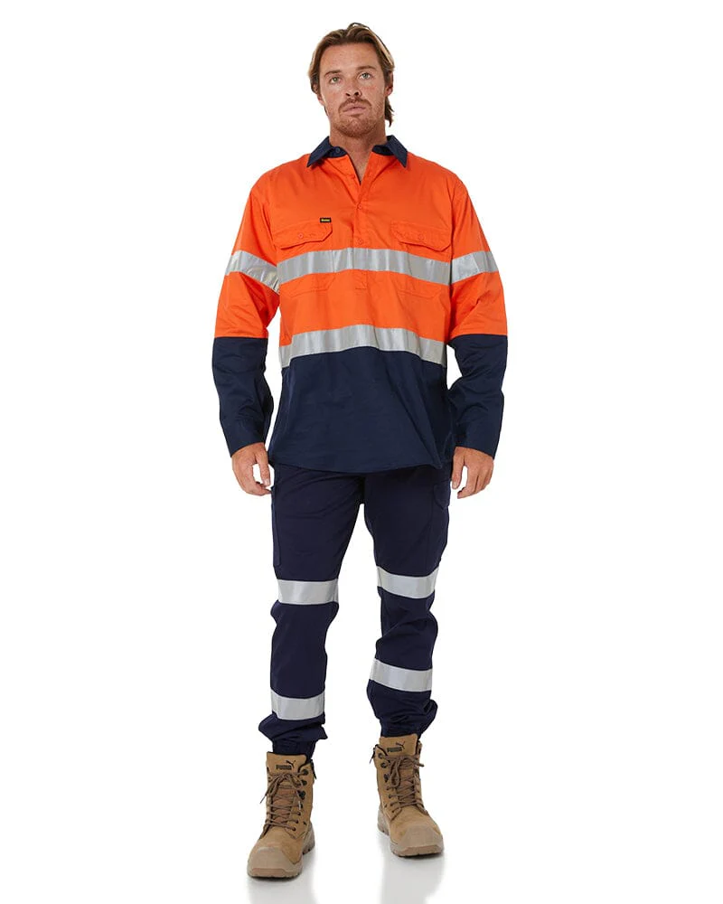 Taped Hi Vis Closed Front Lightweight LS Shirt - Orange/Navy - Image 2
