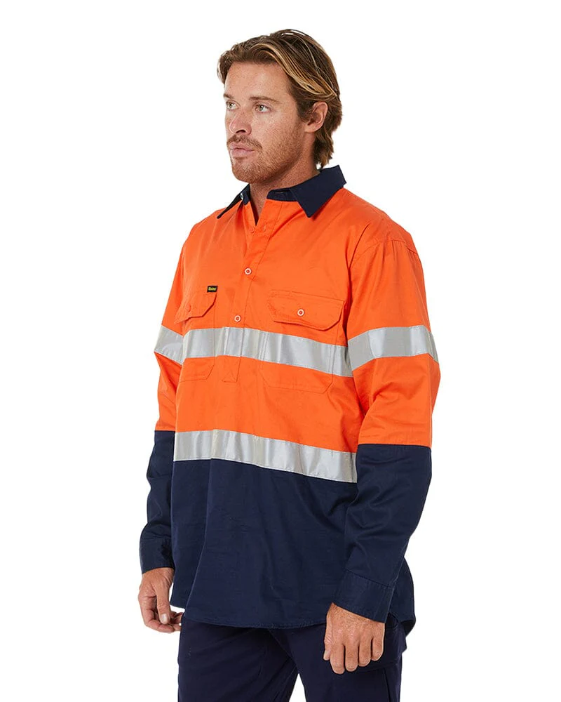 Taped Hi Vis Closed Front Lightweight LS Shirt - Orange/Navy - Image 3