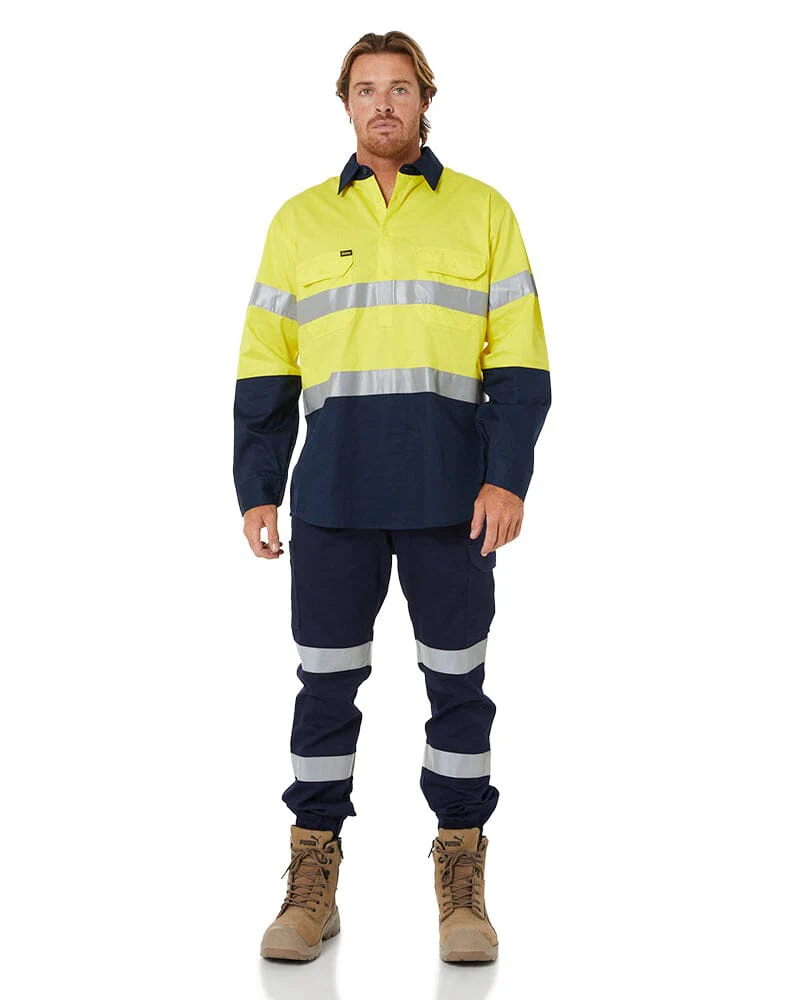 Taped Hi Vis Closed Front Lightweight LS Shirt - Yellow/Navy - Image 2