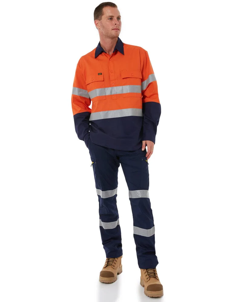 Taped Hi Vis Closed Front LS Drill Shirt * - Orange/Navy - Image 2