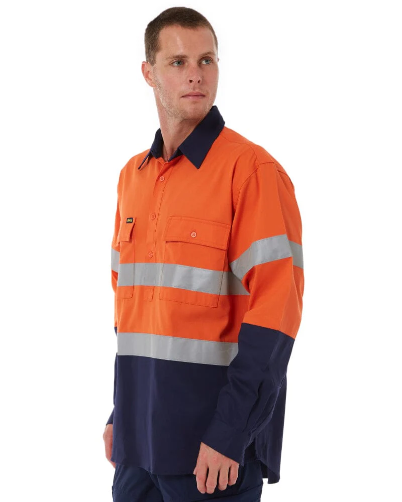 Taped Hi Vis Closed Front LS Drill Shirt * - Orange/Navy - Image 3