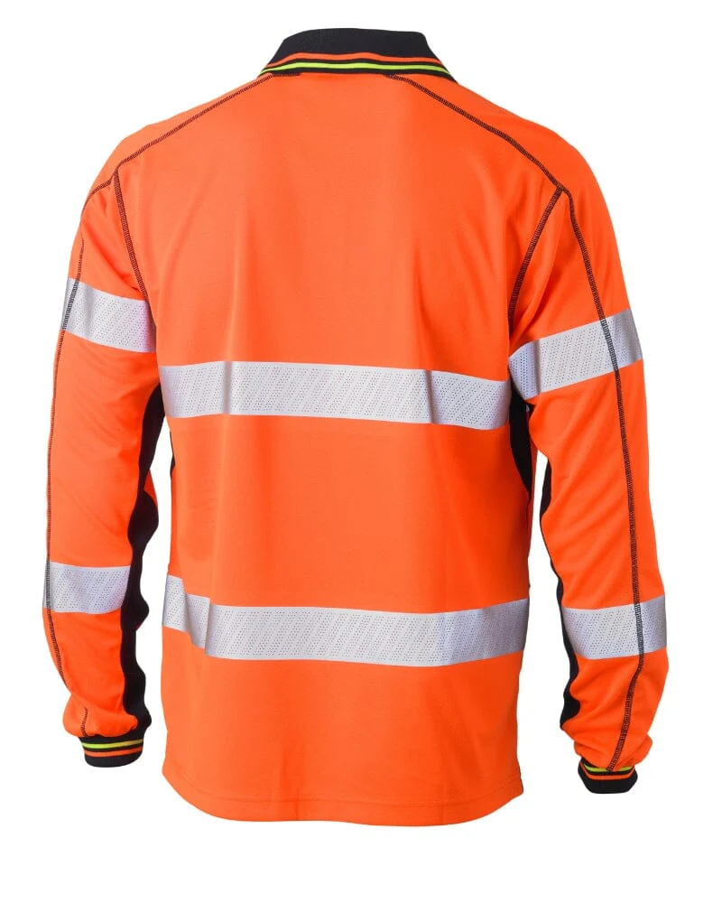 Taped Hi Vis Polyester Mesh Long Sleeve Polo - Orange/Navy - Image 2