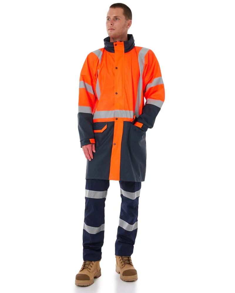 Taped Hi Vis Stretch PU Rain Coat - Orange/Navy - Image 2