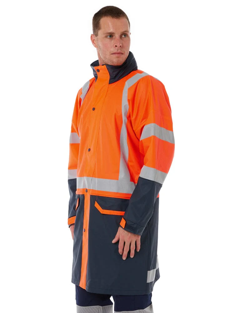 Taped Hi Vis Stretch PU Rain Coat - Orange/Navy - Image 3