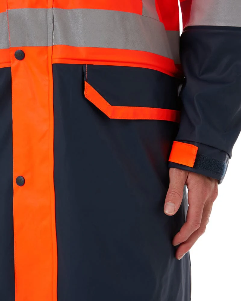 Taped Hi Vis Stretch PU Rain Coat - Orange/Navy - Image 5