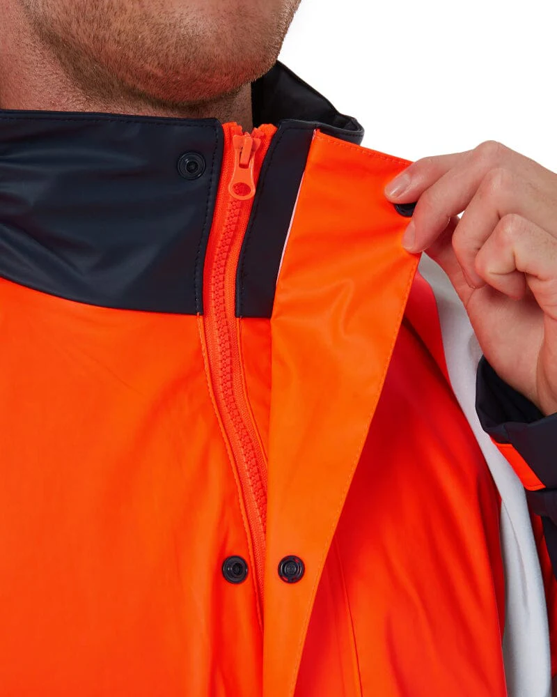 Taped Hi Vis Stretch PU Rain Coat - Orange/Navy - Image 6