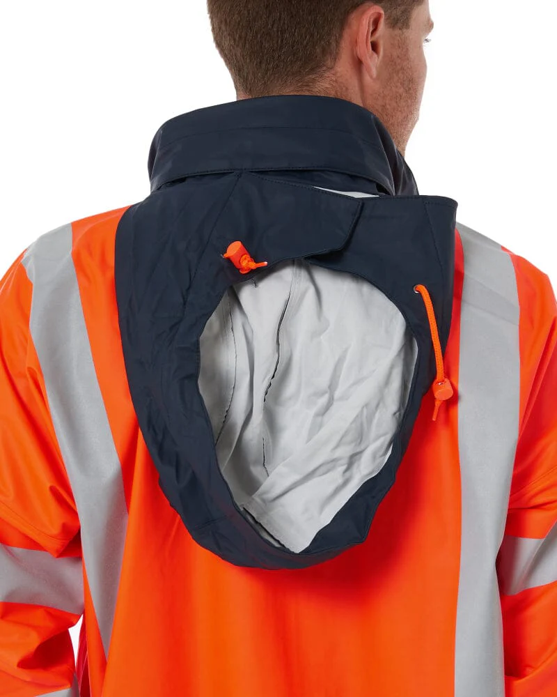 Taped Hi Vis Stretch PU Rain Coat - Orange/Navy - Image 7