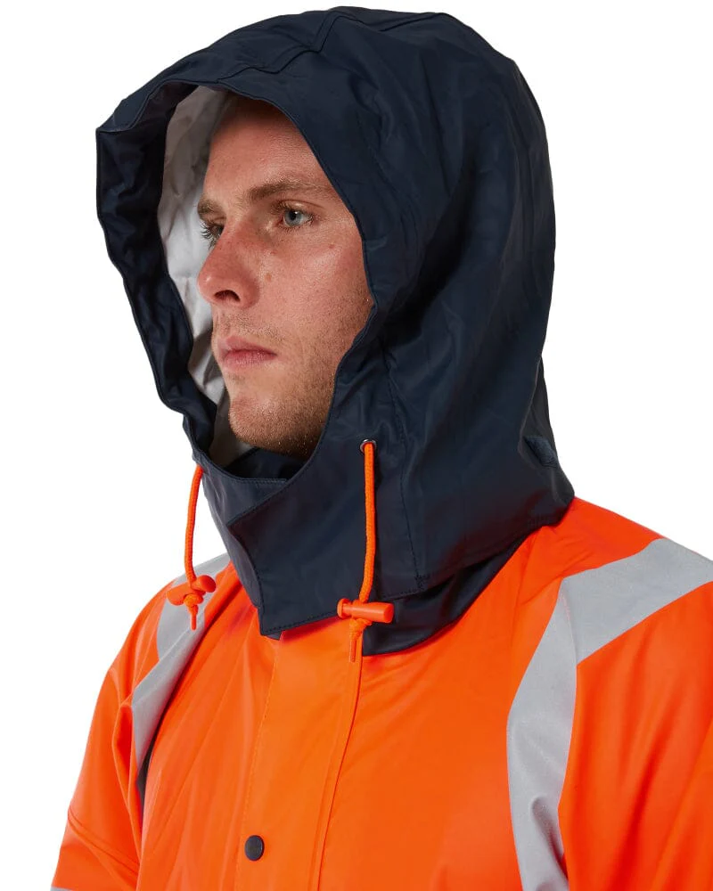 Taped Hi Vis Stretch PU Rain Coat - Orange/Navy - Image 8
