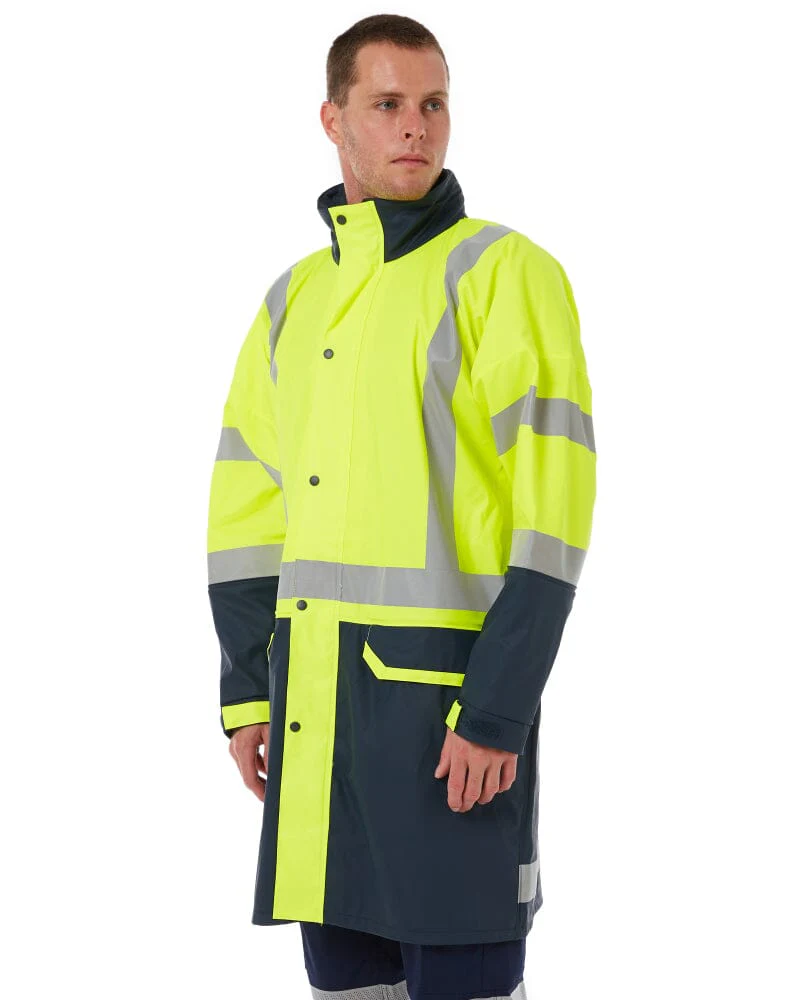 Taped Hi Vis Stretch PU Rain Coat - Yellow/Navy - Image 3
