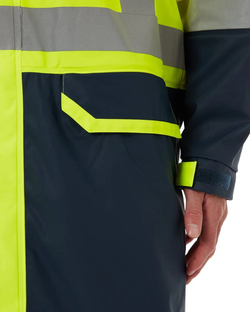 Taped Hi Vis Stretch PU Rain Coat - Yellow/Navy - Image 5