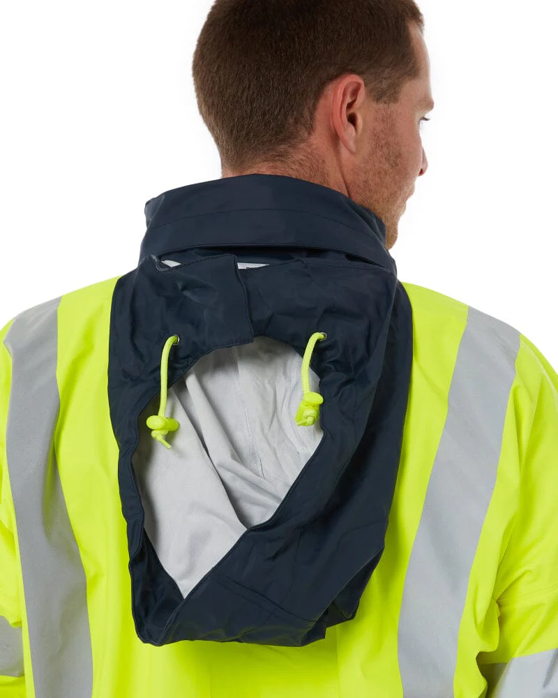 Taped Hi Vis Stretch PU Rain Coat - Yellow/Navy - Image 8