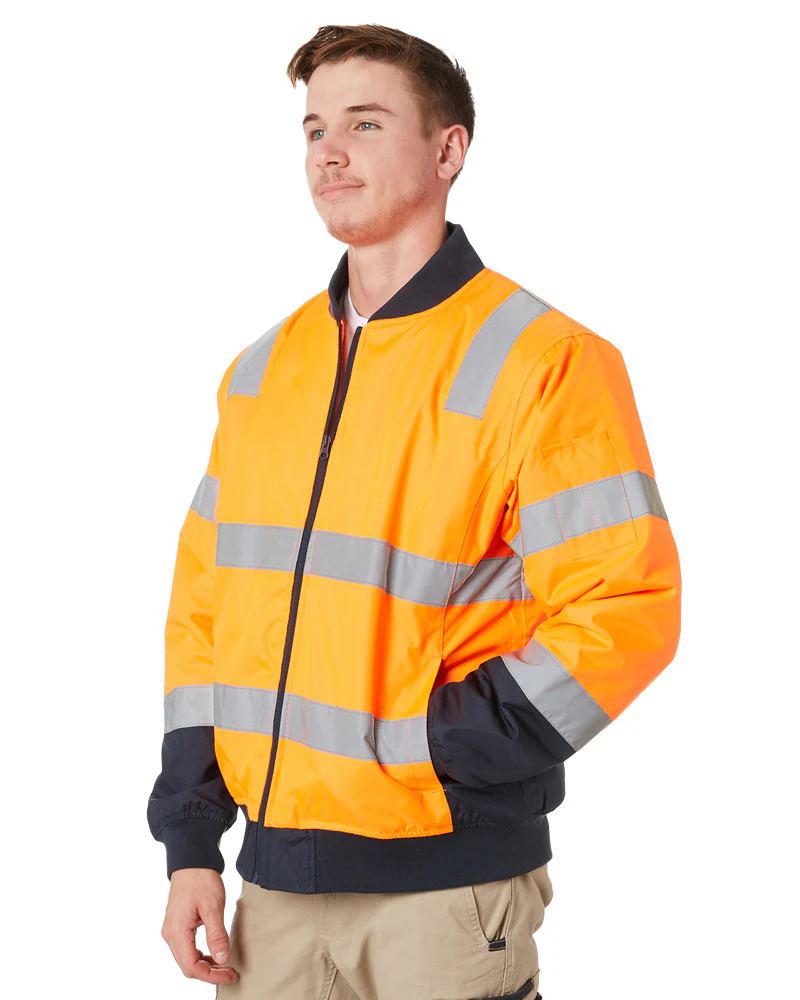 Taped Two Tone Hi Vis Bomber Jacket - Orange/Navy - Image 3