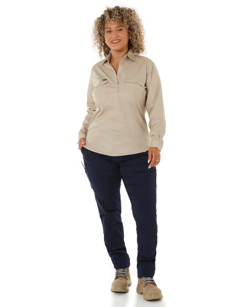 Womens Closed Front Lightweight LS Drill Shirt - Sand - Image 2