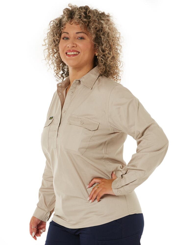Womens Closed Front Lightweight LS Drill Shirt - Sand - Image 3