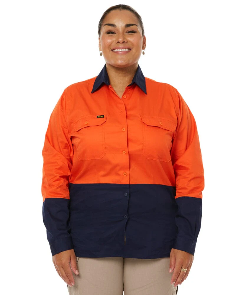 Womens Hi Vis Cool Lightweight LS Drill Shirt - Orange/Navy