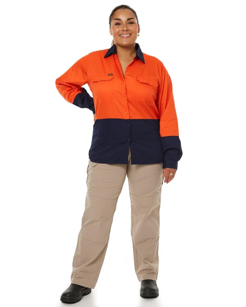 Womens Hi Vis Cool Lightweight LS Drill Shirt - Orange/Navy - Image 2
