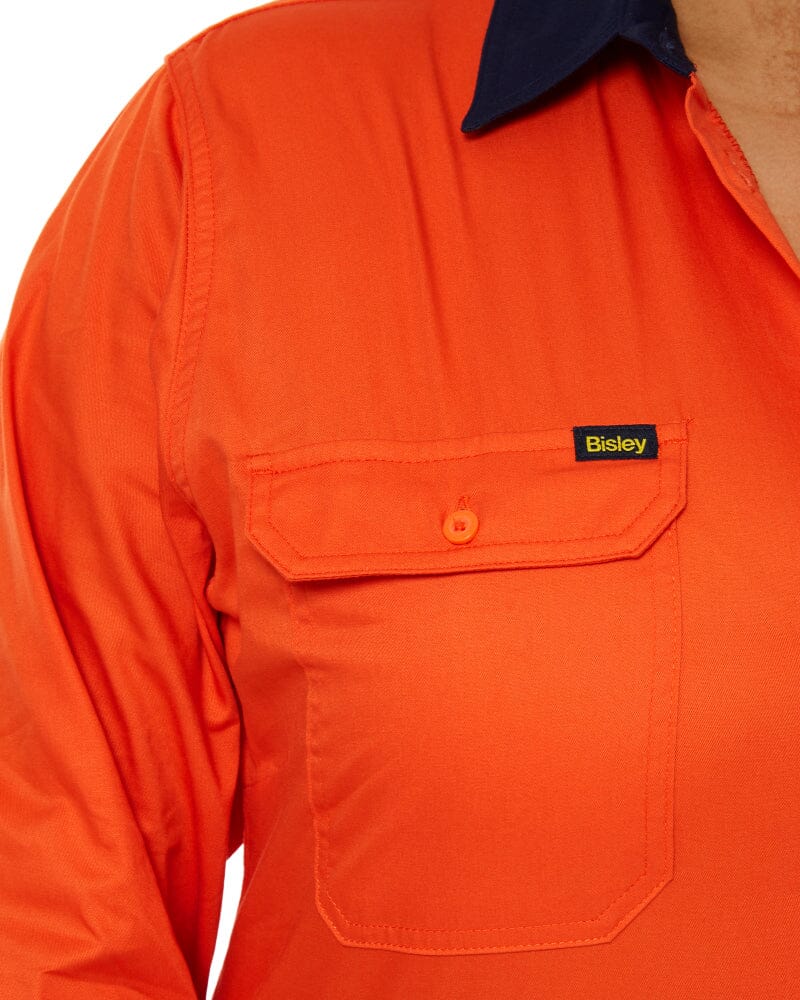 Womens Hi Vis Cool Lightweight LS Drill Shirt - Orange/Navy - Image 5